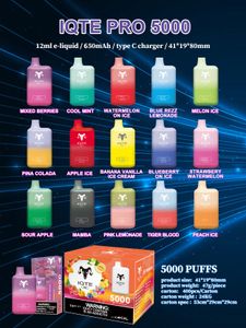 오리지널 QST IQTE PRO 5000PUFFS 타입 C 충전식 일회용 vape 펜 15colors 650mAh 배터리 12ml 미리 채워진 포드 카트리지 기화기 증기