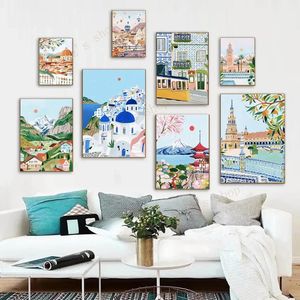 Obrazy Plakat podróży miasto Florence Santorini Szwajcaria Seville Nordic Nordic Wall Art Canvas Paint Picture Salon Decor 231027