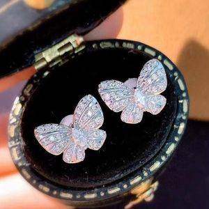 INS Fashion Earrings Jewelry 18K White Gold Plated Bling Clear CZ Butterfly Earrings Studs for Men Women Gift