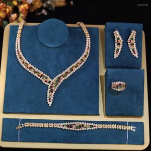 Collana Orecchini Set ZY UNIQUE Colorato 4 pezzi CZ Foglia Placcato oro bianco Dubai Gioielli da sposa per spettacolo di nozze ZY078