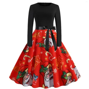 Casual Dresses Dress for Women Vintage Christmas Long Sleeve Printed Round Neck 1950s Housewife Evening Party Prom