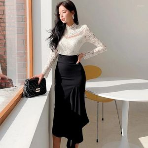 Work Dresses Spring Autumn 2 Pieces Elegant Women Temperament Casual Sexy Perspective Lace Shirt Tops High Waist Midi Skirt Slim Set Outfits