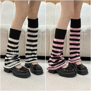 Women Socks Winter Girls Striped Hollow Knitted Gothic Punk Holes Foot Covers Knee High Harajuku Streetwear Cover 2pcs