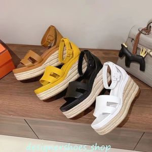 Platform Wedge sandals Leather Slip On Narrow Band wedge shoes 100% real leather Straw muffin soles Loafers Shoes Flats luxury designer womens high heeled sandal