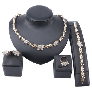 African Jewelry Elephant Crystal Necklace Earrings Dubai Gold Jewelry Sets for Women Wedding Party Bracelet Ring Set221S