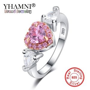 Yhamni 100% 925 prata esterlina asas de anjo rosa cz zircônia amor coração jóias de casamento anéis para mulheres anel presente yra0226264x
