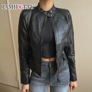 Women's Leather Faux Leather IAMTY Punk Style Loose Pu Leather Jacket Black Vintage Streetwear Zipper Coat Autumn Chic Elegant Simple Outerwear Ladies Top 231026