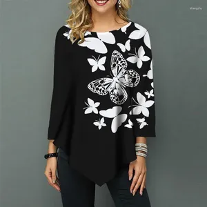 Women's Blouses Nine Quarter Sleeve Women Casual Shirts Black White 3D Butterfly Print Street Style Lady O-Neck Irregular Pullovers Tops