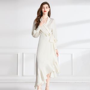 Luxury Silk White Wrap Maxi Dress Women Designer Lantern Sleeve Belted Side Bow Ruffles Party Dresses Robe Autumn Winter Voljebanan V-Neck Slim Ruched Frocks