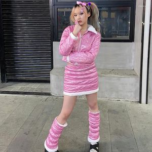 Work Dresses Japanese Cute Girls Original Winter Retro Y2K Girl Cotton Jackets And Mini Skirt Thicken 3pcs Set With Leg Warmer Pink