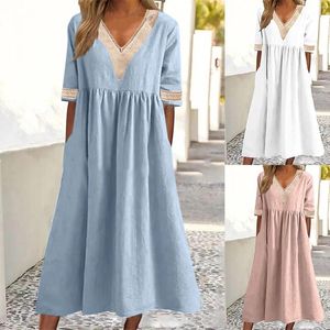 Casual Dresses Women's Spring and Summer Solid Color Kort ärm Lace V Neck -midjeklänning för strand juniorer