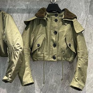 Women's Jackets 2023 Autumn Winter Vintage Army Green Jacket Women Fashion Removable Fleece Fluffy Lining Single Breasted Thick Coat