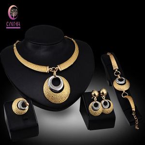 Crystal Wedding Dress Accessories Costume Women Party 18K Gold Plated African Beads Necklace Bangle Earrings Ring Jewelry Sets207I