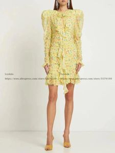 Casual Dresses Lydala Women 2023 Summer Full Sleeve Yellow Print Diamond Silk Mini Längd klänning