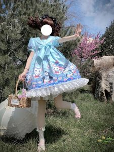 Abiti da festa KIMOKOKM Kawaii Lolita Dress Colletto da marinaio Arco per orecchie Volant Manica a sbuffo Pizzo Stampa di cartoni animati Dolce adorabile principessa
