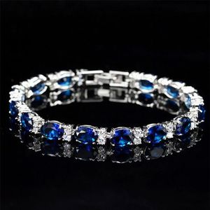 Victoria Luxury Jewelry Brand New 925 Sterling Silver Oval Cut Blue Sapphire Cz Diamond Ruby Populära kvinnor Bröllopsarmband för LO3051