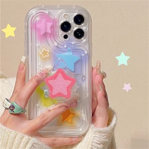 Casos de telefone celular Coréia Japão 3D Flash Star Ring Bracket Case para iPhone 15 14 13 12 11 Pro Max Plus INS Cute Candy Color Transparente Soft Cover 231026