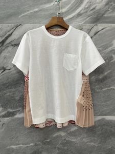 女性のTシャツ2023SS夏の贅沢な女性高品質のプリントパッチワーク短袖Tシャツ女性シックトップスティー2カラーチュチュ