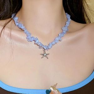 Anhänger Halsketten Blauer Kristall Crushed Stone Choker Süße coole kleine Seestern Halskette Mode unregelmäßige Perlen Schmuck