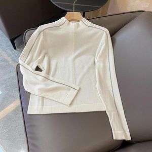 Suéteres femininos fino gola alta malha pulôver 2023 chique manga longa grânulo corrente cashmere sólido gola alta elegante moda camisola