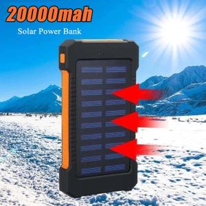 Banco de energia solar portátil 20000mah bateria externa carregamento powerbank duplo usb com luz led poverbank para iphone 12 xiaomi 9