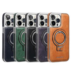 Textura de negócios galvanizada de luxo PU couro invisível dobrável suporte magnético capa para carregamento sem fio Magsafe para iPhone 15 14 13 12 11 Pro Max