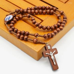 Pendanthalsband Rosary Rope Woven Peach Wood Halsband för män Kvinnor Religiös bild Katolska kristna smycken Utsökta gåva