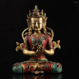 Decorative Figurines Rare Chinese Antique Tibet Temple Pure Copper Inlaid Gem King Kong Buddha Statue
