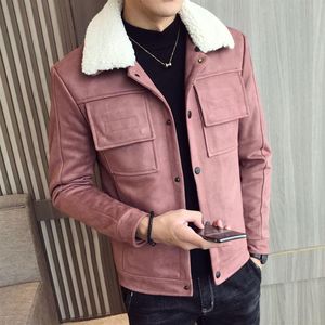 2019 New Winter Warmth CotkenLined Suede Leather Jacket Faux Fur Collar Hood Men's Overcoats v1910192878
