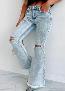 Damen-Jeans, lässig, Straße, hellfarbene, gewaschene, zerrissene Wollhose mit Schneeflocken-Taille