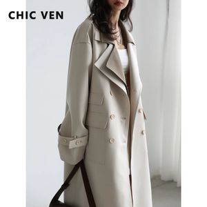 Women's Trench Coats CHIC VEN Women Trench Coat Solid Loose Contrast Double Collar Double Breasted Long Women's Windbreaker Office Lady Spring Autumn 231026