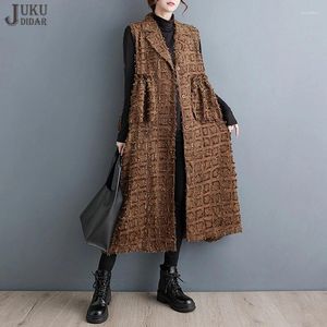 Women's Vests 2023 Winter Korean Style Woman Clothing Solid Brown Long Vest Coat Sleeveless Loose Fit Casual Trench Outerwear JJTC014