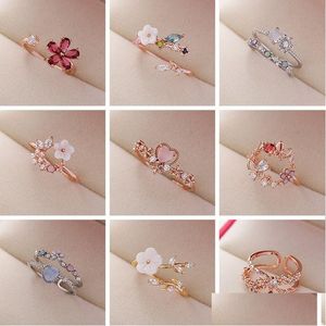 Band Rings Fashion Crystal Zircon Rings Sweet Flower Leaf Butterfly Adjustable Open Female Wedding Engagement Jewelry Gift D Dhgarden Othsl