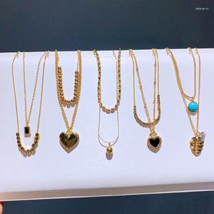 Chains NOT FADE Double Layer Chain Necklace For Women Gold Color Stainless Steel Leaf Heart Pendant Jewelry