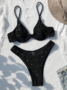 Kadın Mayo Mayo Kadınlar 2023 Siyah Parlak Bikini Seksi Yüksek Bel 2 Parça Çelik Destek Kadın V-Neck Beach Matay Takım YX1378X