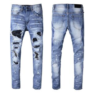 Neu eingetroffene zerrissene Jeanshosen für Herren, schmale Passform, schmale Stretch-Jeanshose Miris Blue für Herren, Patchwork, Distressed-Jeans für Damen, Kristalle, Knielöcher, Größe 28–40