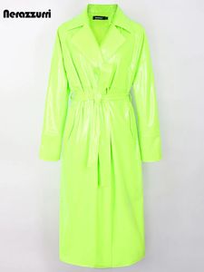Женский кожаный плащ из искусственного нерадзурри, весна-осень, длинный большой ярко-зеленый, розовый, лакированный плащ для женщин с поясом, роскошная дизайнерская одежда 231026