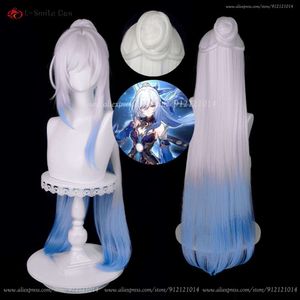 Trajes de Catsuit Honkai: Star Rail Jingliu Cosplay 96cm Sier Branco Gradiente Azul Anime Perucas de cabelo sintético resistentes ao calor + touca de peruca