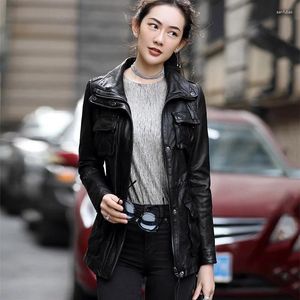 女性用革2023ファッション高品質のシープスキンジャケットミッドレングス韓国のオートバイジャケットスプリングコート女性