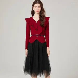 Work Dresses Elegant Women V Neck Irregular Ruffles Red Knitted Suits Autumn Single Breasted Sweater Cardigan Black Mesh Skirt Two Piece Set
