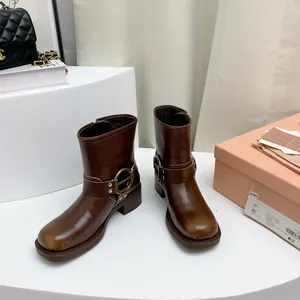 M Designer-Stil Damenstiefel, klassischer Retro-Stil, mittlerer Absatz, Biker-Stiefel, Frühherbst, heißer Verkauf