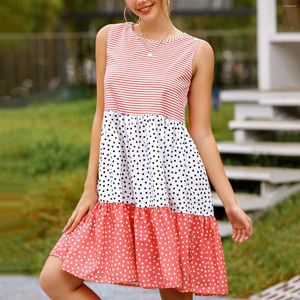 Vestidos casuais verão listrado polka dot retalhos vestido de tanque para mulheres 2023 o pescoço sem mangas soltas senhoras plus size vestidos