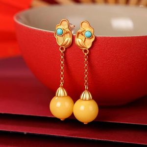 Dangle Earrings S925 Sterling Silver Gold-plated Natural Beeswax Retro National Tide Peacock Round Bead Ladies