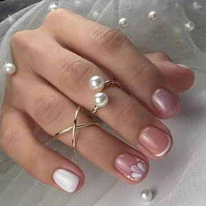 Fałszywe paznokcie 24PCS Krótki okrągły francuski kwiat Różowe Płatki Kota Płatne pokrywki Odłączane końce paznokci naciśnij na sztuczne paznokcie