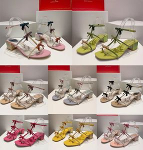 Rene Caovilla Bowtie Rhinestone Sandals Block Obcing Kidek Tied Skórzana podeszwa damska impreza wieczorna sukienka wieczorna luksusowe designerskie obcasy Fabryki obuwie