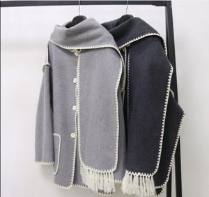 Contrast hand hook tassel edge Nordic toteme scarf collar straight body silhouette wool knit jacket