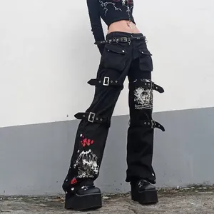 Women's Jeans Goth Black Cargo Pants Cropped Low Rise Y2K Retro Hip-hop Punk Harajuku Street Casual Clothing S-XL