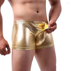 UNDUPANT M-XXL Seksi Eşcinsel Giyim Erkekler Boxer Shorts Sivil deri ıslak görünüm açık kasık torbası erkek külot cueca