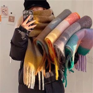 SCARVE Cashmere Plaid Scarf Winter Thicked Pashmina Shawls Korean Lady Long Tassel filt Kvinnlig regnbåge hårig bufanda 231026