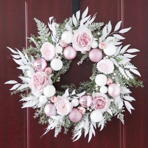 Weihnachtsdekorationen, Ornament, rosa Weihnachtskugeln, Dekor, Kranz, künstliche Pflanzen, Rattan-Girlande, Fenster für El Shop, 55 cm, Feiertags-Türdekoration 231027